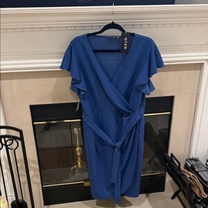 Oten Royal Blue Wrap Midi Dress with Flutter Sleeves